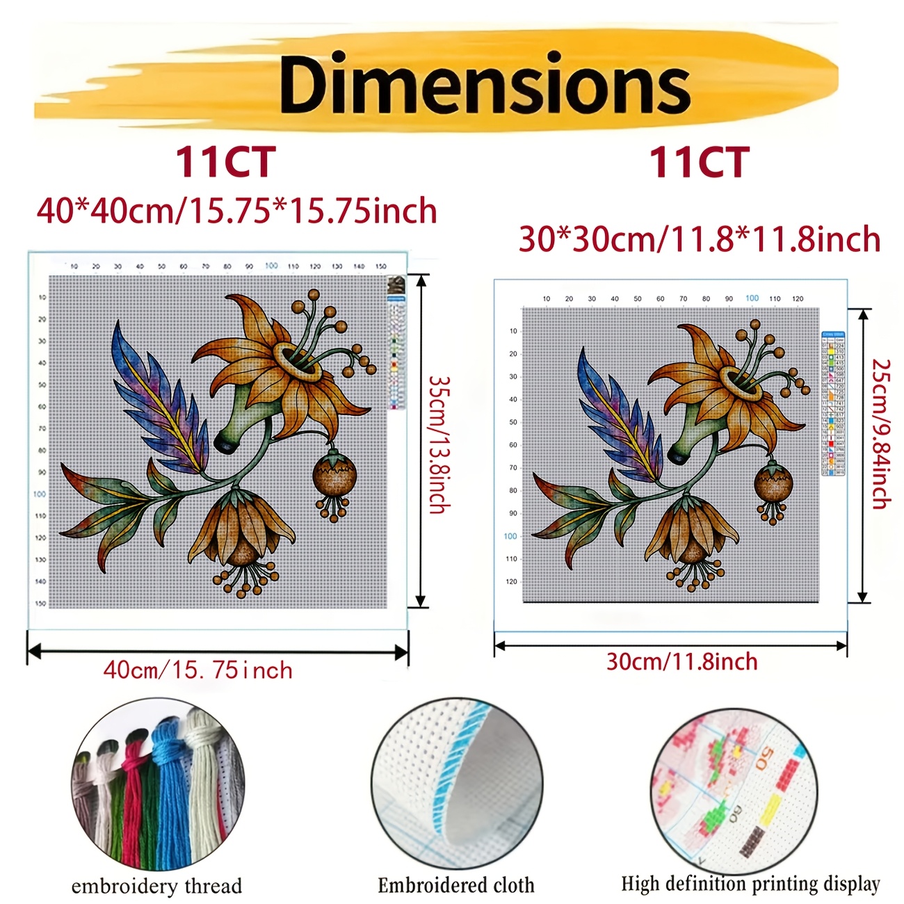 Cross Stitch Printed Kit, Frameless, Colorful Flowers with Feathers Design