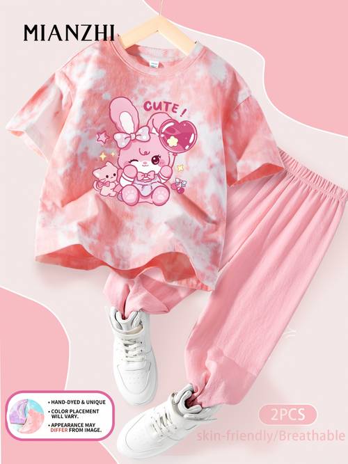 girls spring summer lightweight anti mosquito pants set easter print fashionable tie dye short sleeve t shirt cooling breathable long pants daily casual 2pcs set outdoor