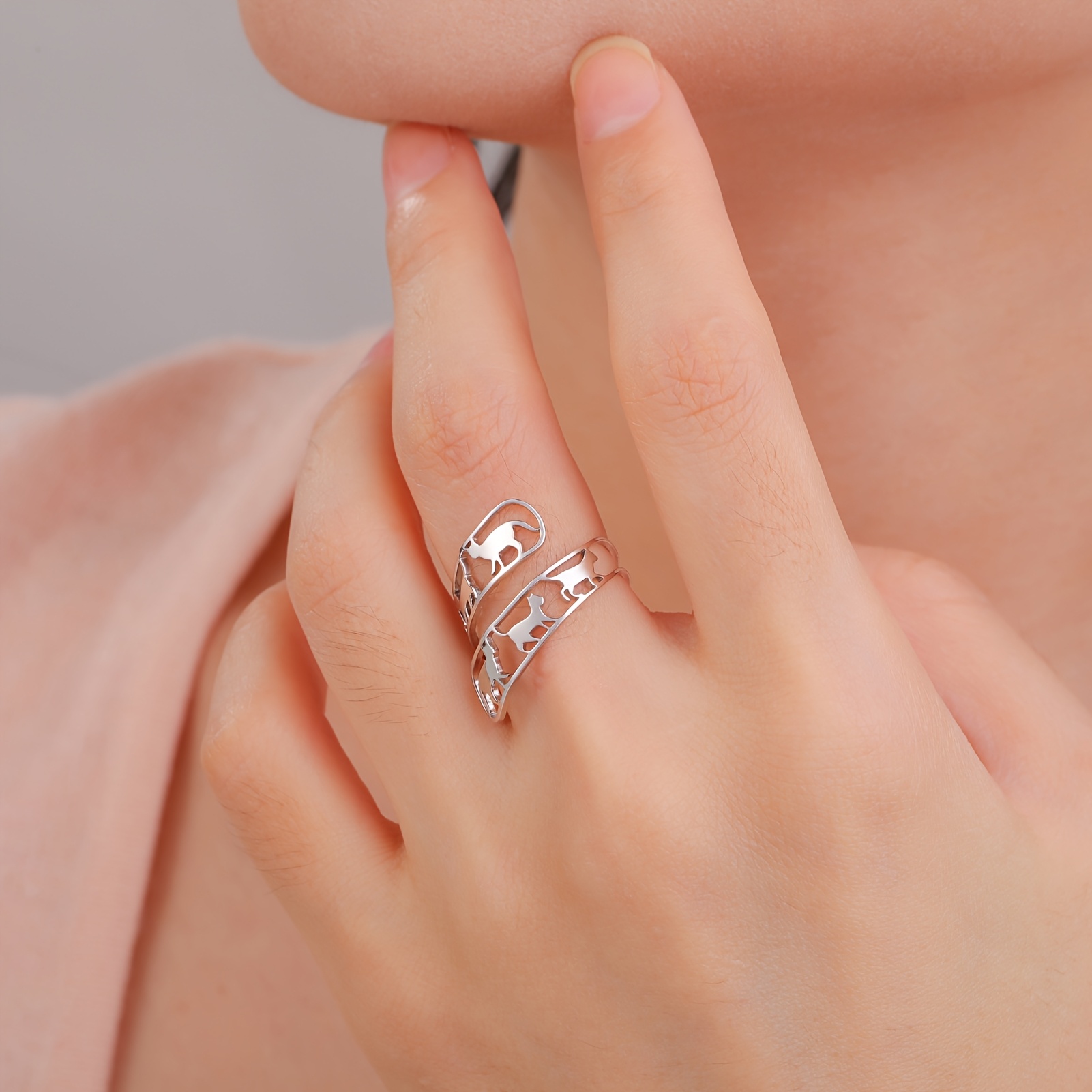 Cat Paw & Feline Minimalist Open Ring, Gift for Cat Lovers