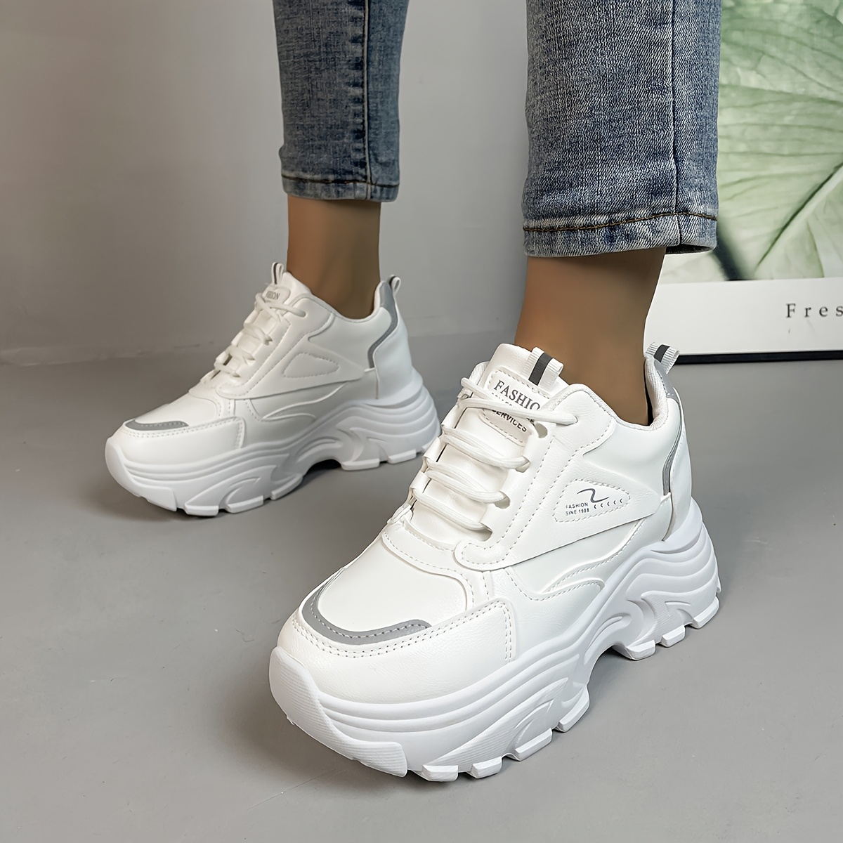 chic womens platform sneakers casual lace up height boosting sneakers with   cover upper pu sole details 5