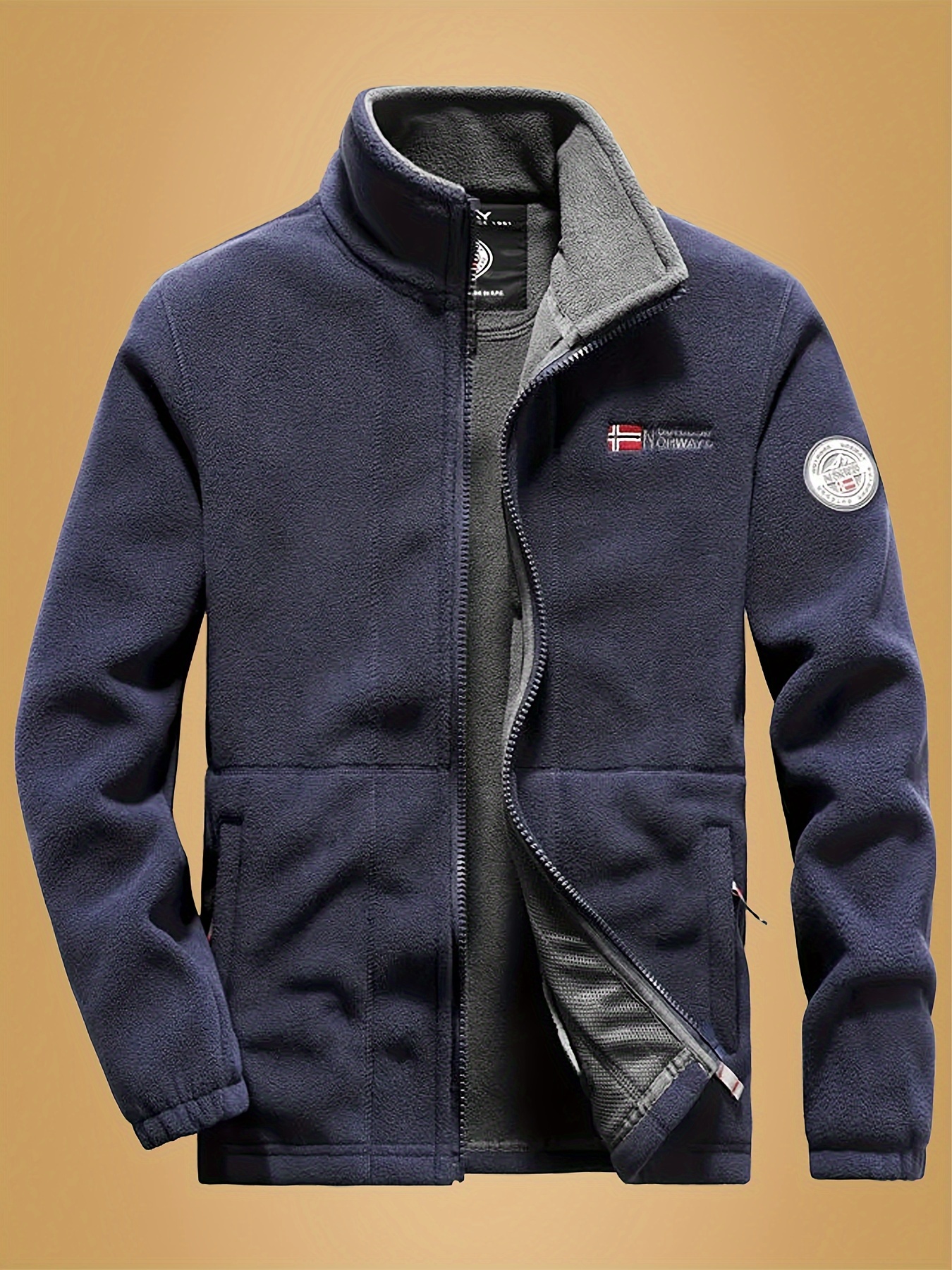 men's lightweight fleece jacket stand collar pockets letter