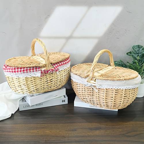 1pc picnic basket with lid double door design handheld storage basket removable liner willow woven home display and storage basket suitable for camping outdoor activities picnics halloween easter and birthdays non food direct contact