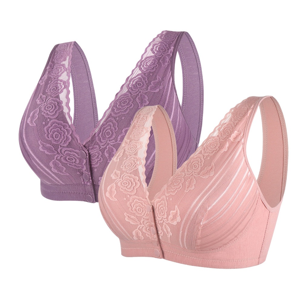 

2pcs Women's Plus Size Lace Bra-front Hook, Wide Strap, Soft, Removable Pad, Size L-3xl