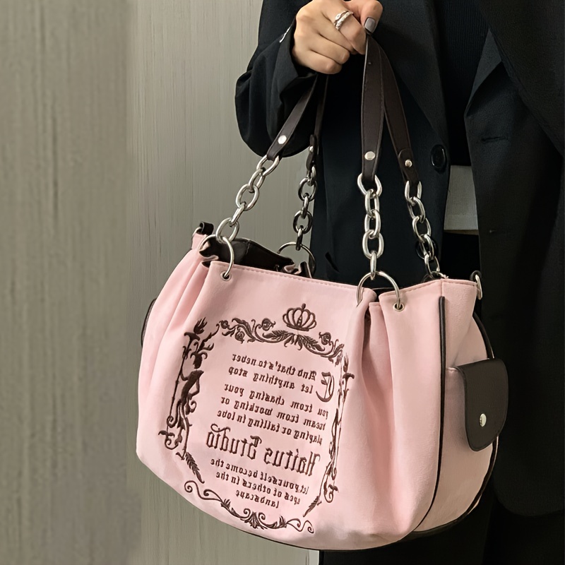 

Vintage Gothic Letter Velvet Chain Tote Bag, Fashion Soft Suede Large Capacity Shoulder Bag With European Pattern, Honey Girl Style Canvas-lined Hobo With Removable Strap, No-closure Messenger Bag