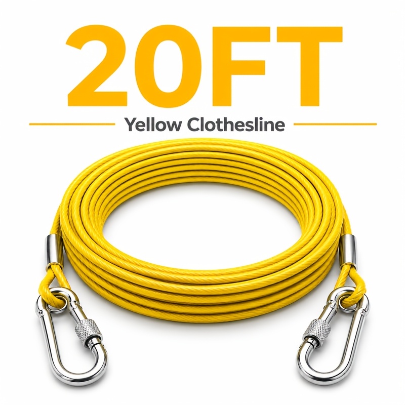 TEMU Yellow Coated Cable Rope With Dual Screw-lock Clips, 10ft/20ft/30ft Optional, 1 Cable Rope + 2 Clips For Camping, Travel, Backpacks, Luggage And