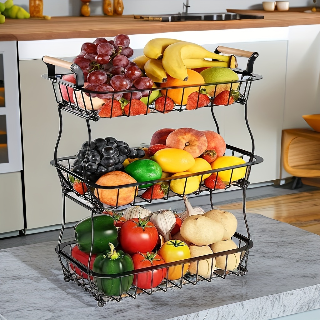 

3-tier Fruit Basket Bowl Vegetable Storage With Banana Hook And Wooden Handle For Kitchen Counter, Detachable Wire Metal Basket For Potatoes Black