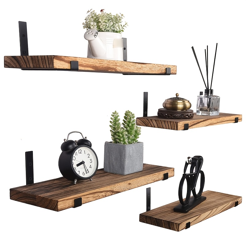 Set Of 4 Rustic Wooden Floating Shelves For Wall Decoration, Suitable For Farmhouse-style Wooden Wall Racks In Bathrooms, Kitchens, Bedrooms, And Living Rooms. In Dark Brown And Natural Colors