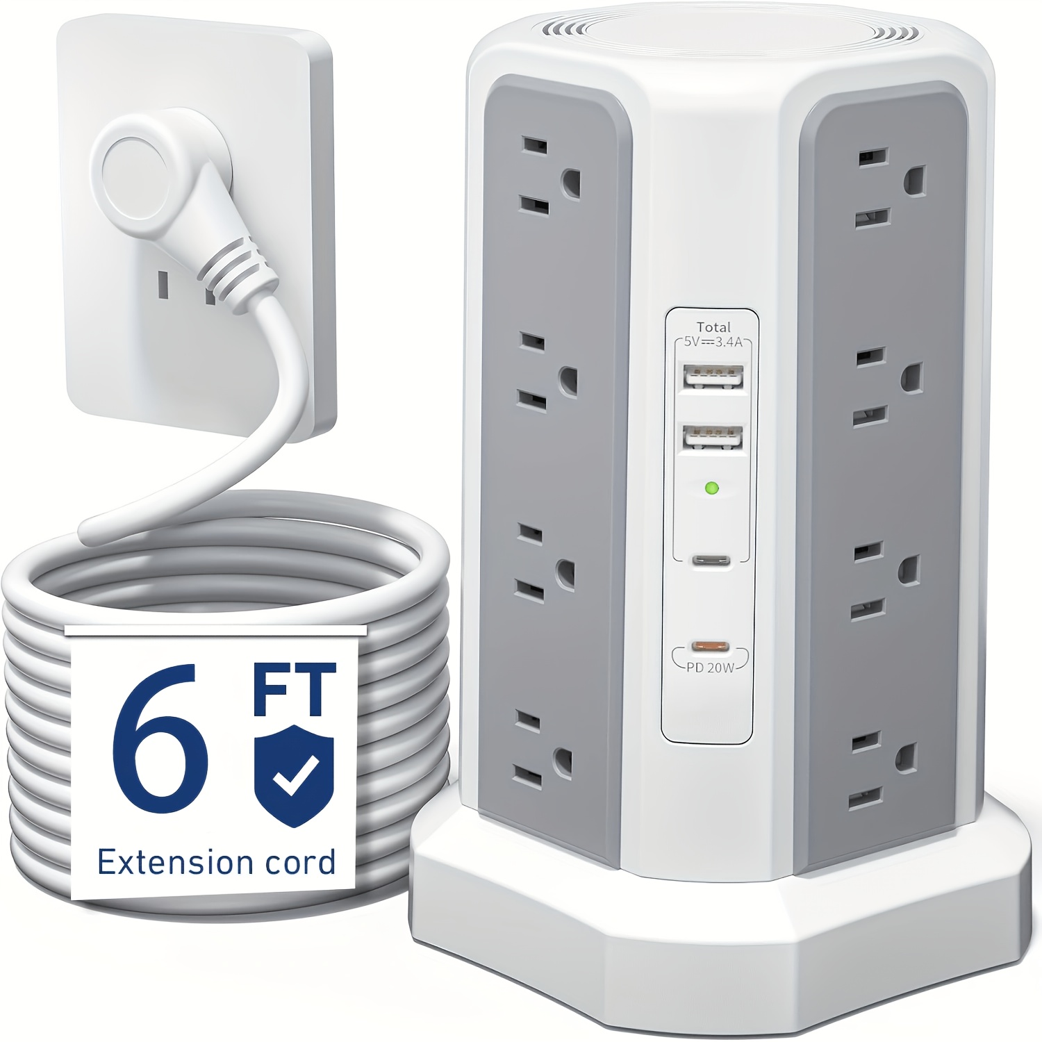 item picture     new product flat plug 16 ac outlets power strip tower with usb usb c port   protector   with 5 usb charging ports extension cord desktop power strip