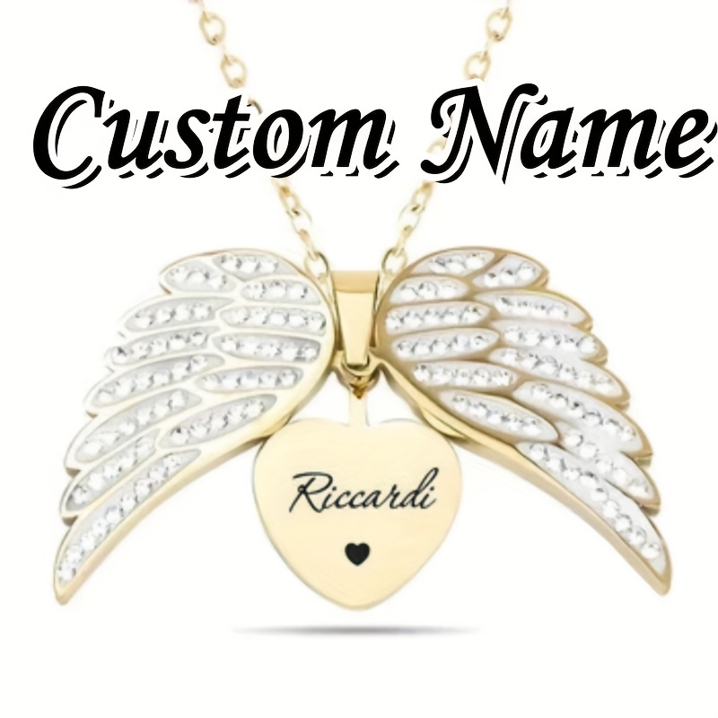 TEMU Custom Name Engraved Rhinestone-wrapped Wings Heart Pendant Necklace - Personalized Gift For Women, Mothers, Birthdays, Anniversaries,