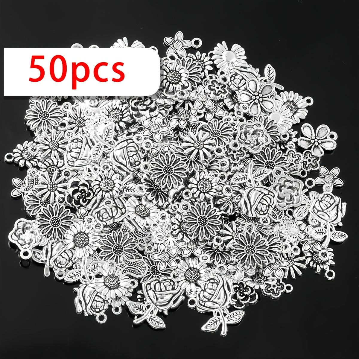 50/100pcs Random Style Vintage Metal Flower Charms Shaped Pendant Beads For Jewelry Making Diy Bracelet Necklace Accessories Keychain Crafting Charms Kit Valentine's Day