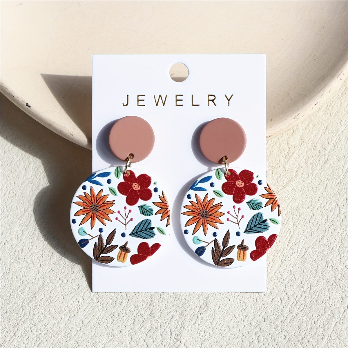 TEMU A Pair Of Women's Daisy Flower Print Acrylic Round Earrings With A Clay-like Texture, Featuring A Cute, Elegant, And