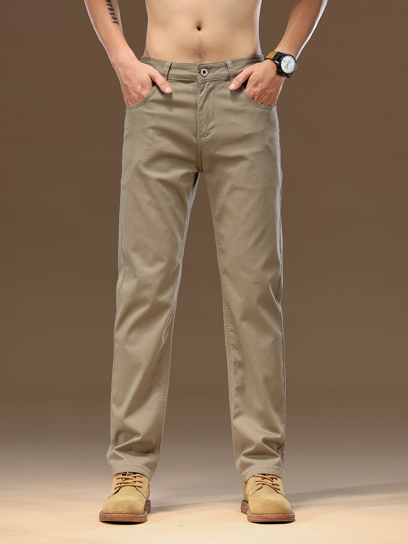 Men's Cotton Business Casual Pants - Relaxed Fit Straight Leg Khaki Trousers, All-Season Machine Washable with Zipper Closure for Office & Casual Attire, Comfy Pants, Solid Color Design, Comfortable Fabric