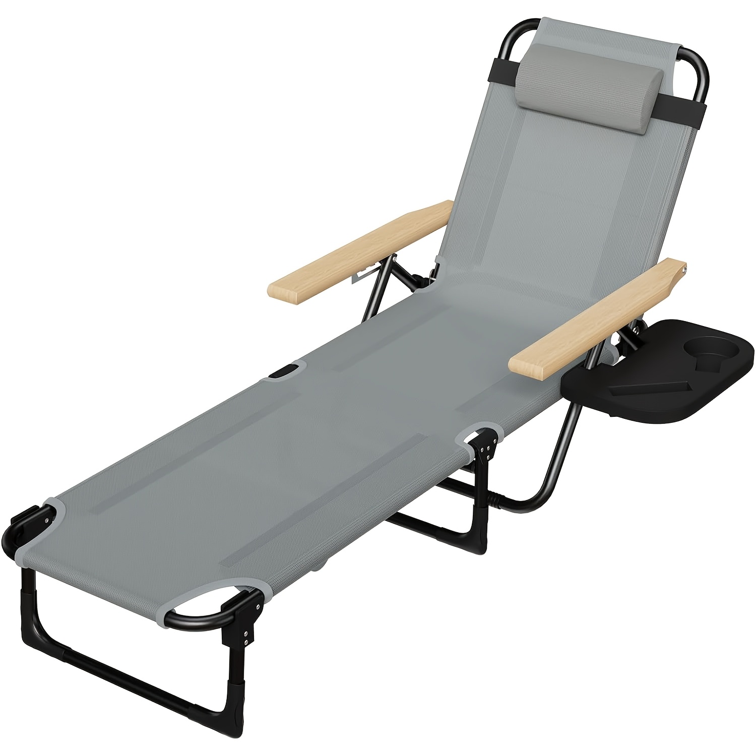 Foldable Chaise Lounge Chair Outdoor | 4-position Reclining With Wooden Armrest, Stainless , Removable Pillow For Garden Beach Patio Camp