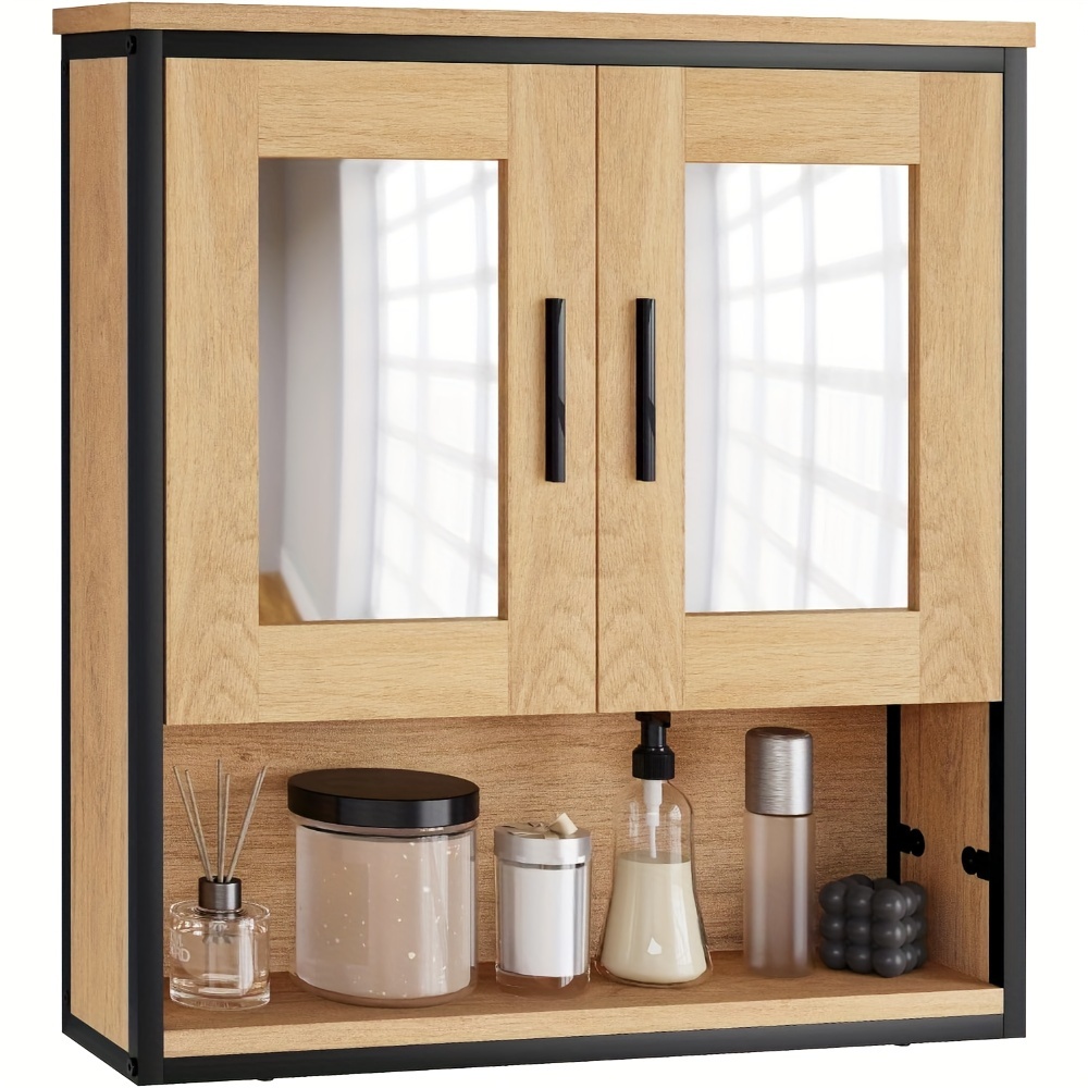 Image of 1pc Mirror Cabinet, Hanging Bathroom Cabinet, Bathroom Cabinet With 2 Mirrors, Bathroom Mirror Cabinet With 3 Shelves And 2 Doors, Wall Cabinet For Bathroom, Made Of Wood Material, Light Oak Black
