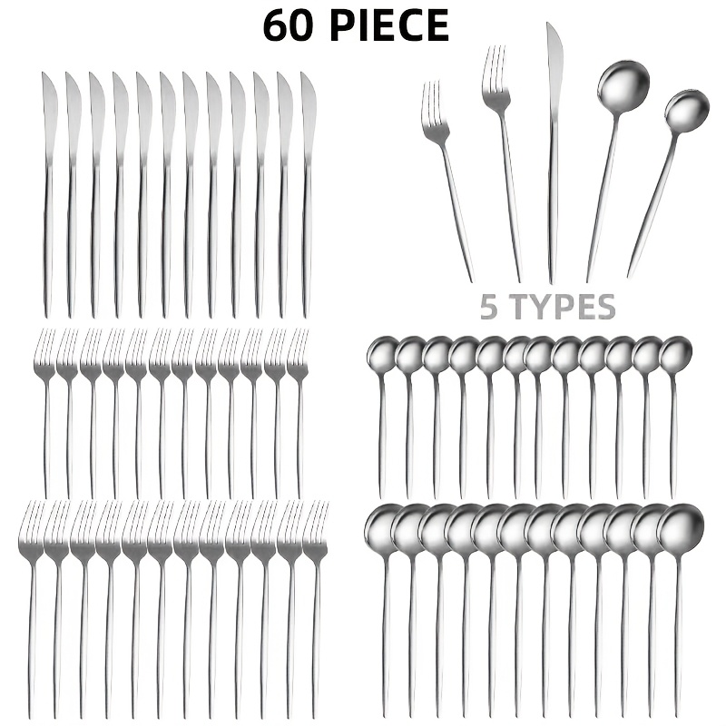 TEMU 60-piece Portuguese Silverware Set, Suitable For Serving 6 Or 12 People, Includes Steak Knives, Salad Forks, Dessert Spoons, For Kitchen,
