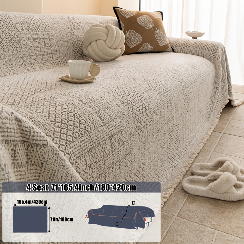 TEMU 1pc Simple Texture Jacquard Chenille Sofa Cover With Tassel French Lazy Style Living Room Decoration Home Decoration Anti Slip Pet Friendly