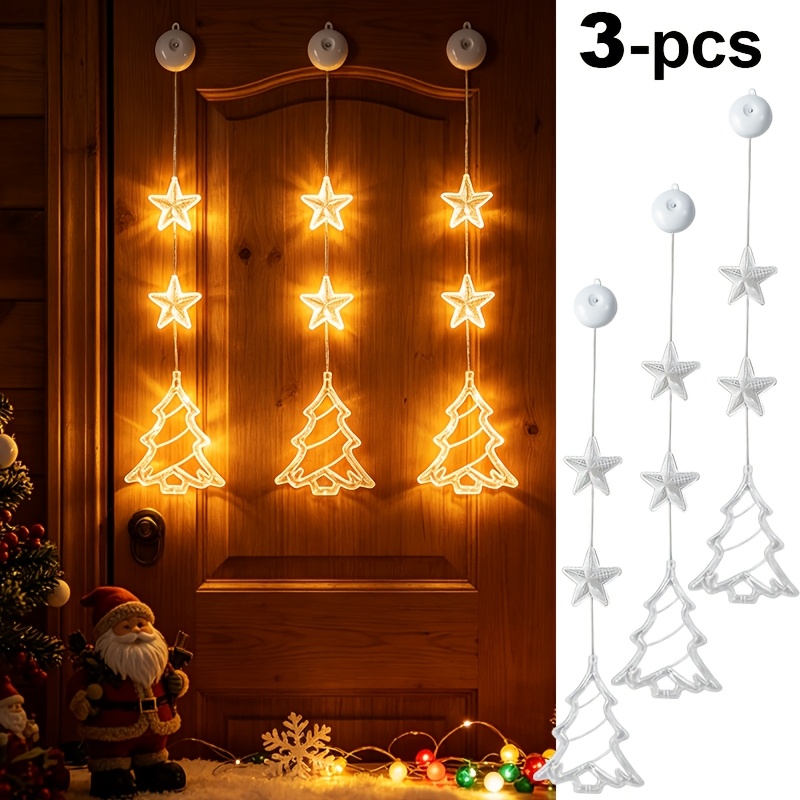 TEMU Lot de 3 guirlandes lumineuses de Noël à ventouses pour rideaux, lampe décorative de fenêtre de Noël à piles, éclairage d'intérieur , fêtes