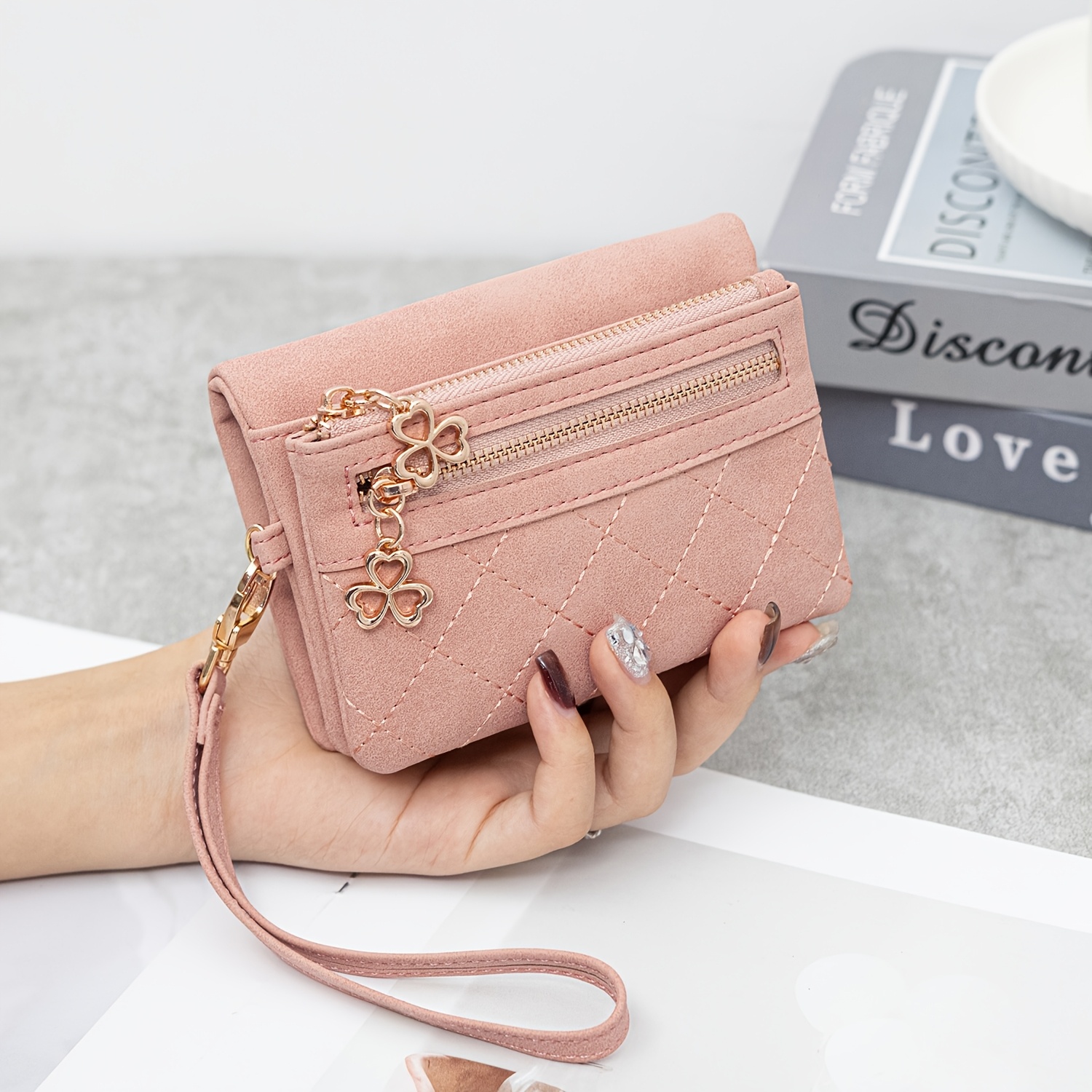 TEMU Minimalist Vintage Rhombus Women's Wallet, Portable Snap Closure Short Wallet With Dual Zipper Coin Pocket, Card Slots, Id Window, And Wrist