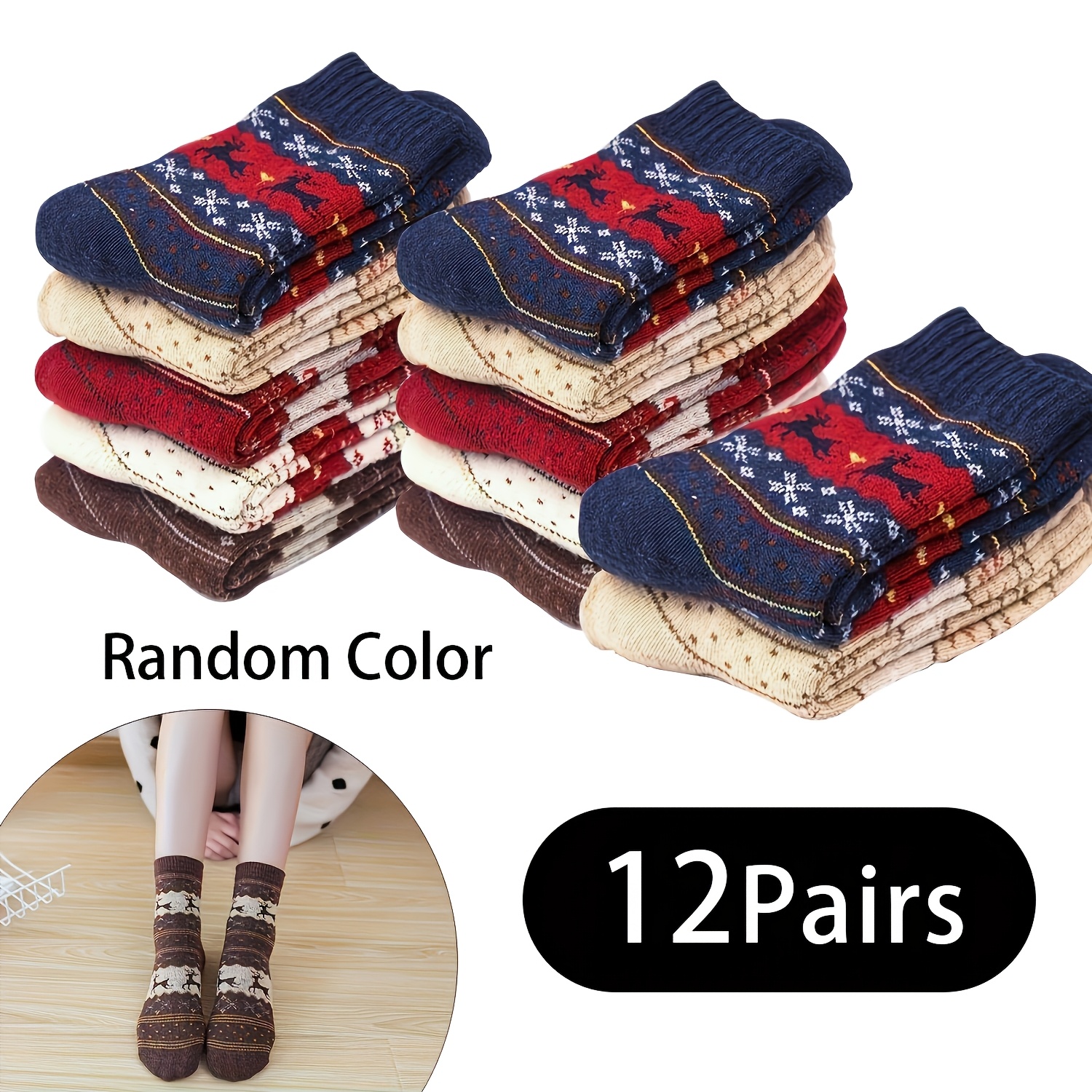Image of 12 Pairs Of Colored Warm And Thick Christmas Women's Socks - Comfortable Mid-calf Socks With Reindeer Prints, Festive Animal Designs, Perfect For