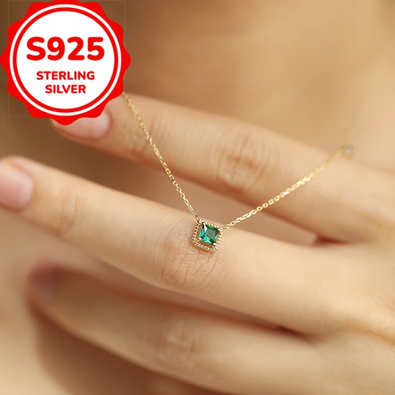 

Elegant Sexy 925 Sterling Silver Pendant Necklace, Hollow Square Green Celestial Symbol, Synthetic April Birthstone Zirconia, 925 Silver Plated, For Daily & Gift Occasion, Valentine's Day Jewelry