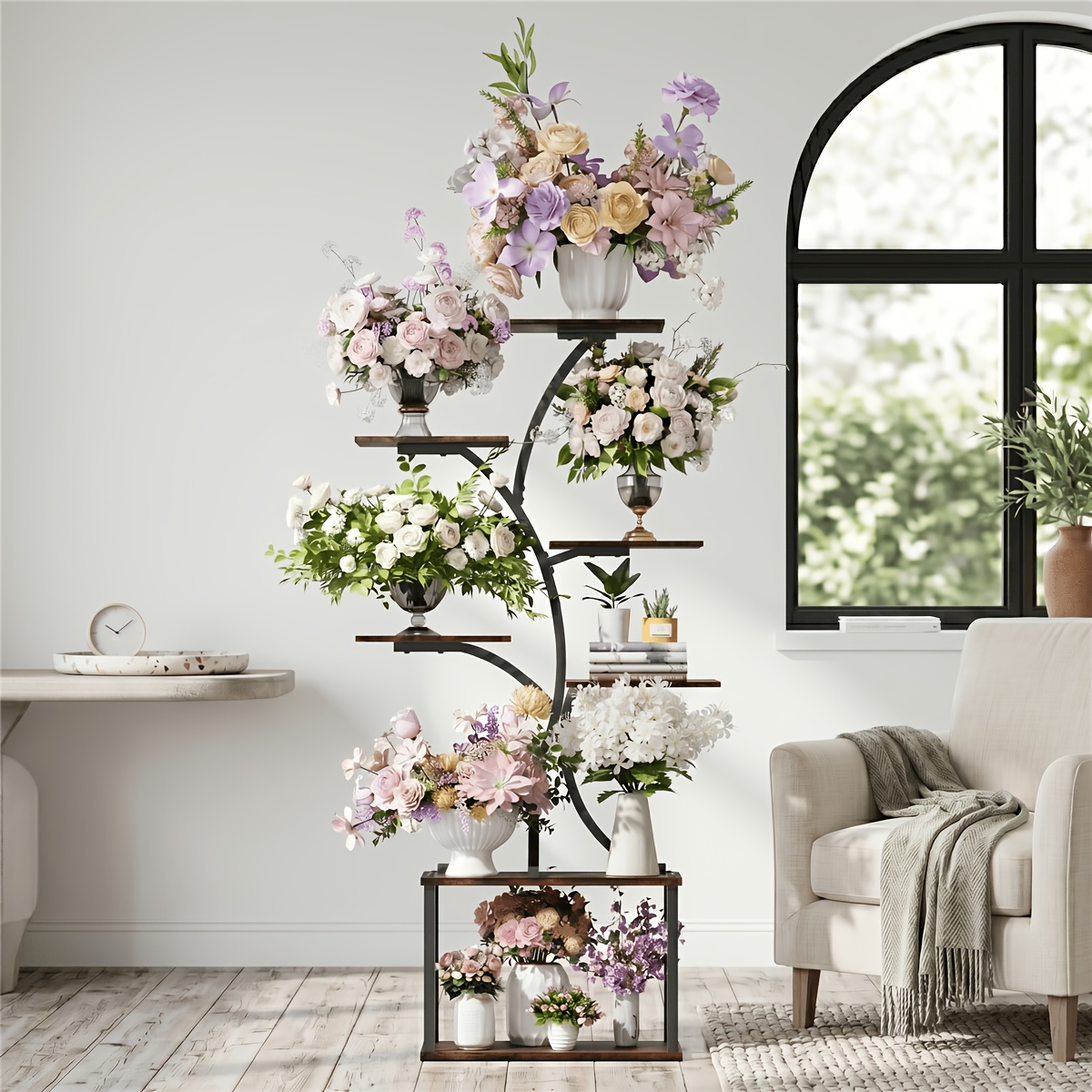 Image of 7-tier Plant Stand Indoor, Curved Plant Stand, Tall Metal And Wood Indoor Plant Shelf, Multi-tier Flower Pot Holder Rack, 151cm Tall For Living Room, Balcony, And Garden