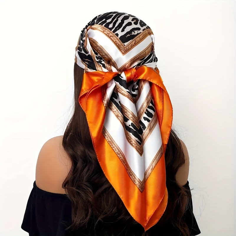 TEMU 1pc Pañuelo Bohemio para Mujer con Estampado de Leopardo - Bufanda Cuadrada con Patrones Geométricos Dorados, 35.4x35.4 Pulgadas, Cinta
