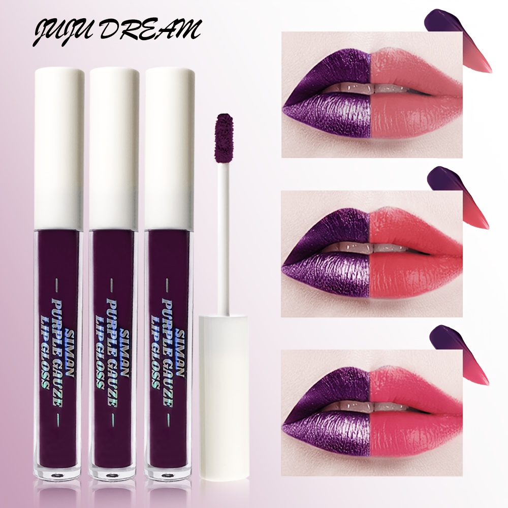 Image of 3pcs Shimmer Lip Gloss, Anime Purple Sparkle Lips Gloss, Long-lasting Waterproof Lip Makeup For Women, Non-sticky Gloss For Daily Use Date Prom Party