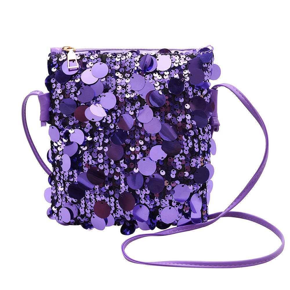 TEMU Women' Handbag With Heart Cutouts And Chain Strap, Glittery Purple And Black, Zipper Closure, Detachable Strap For Parties And Everyday Use