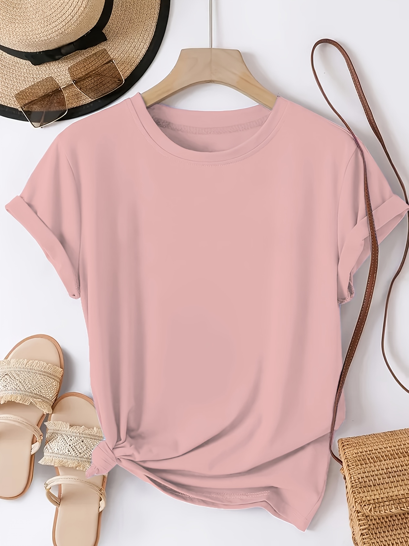 Solid Color Crew Neck T-Shirt, Casual Short Sleeve T-Shirt for Spring & Summer, Women's Clothing