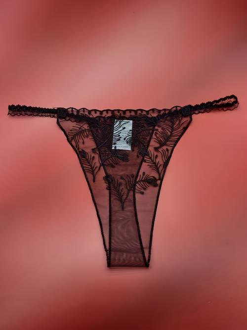 mesh g string with three dimensional embroidery and lace waistband