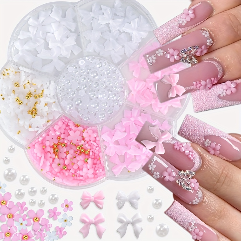Image of Kit Of 3d Floral Bow Nail Decorations, Featuring Pink And White Accents Along With Half Pearls, A Set Of Acrylic Flower Gems For Nail Art Projects