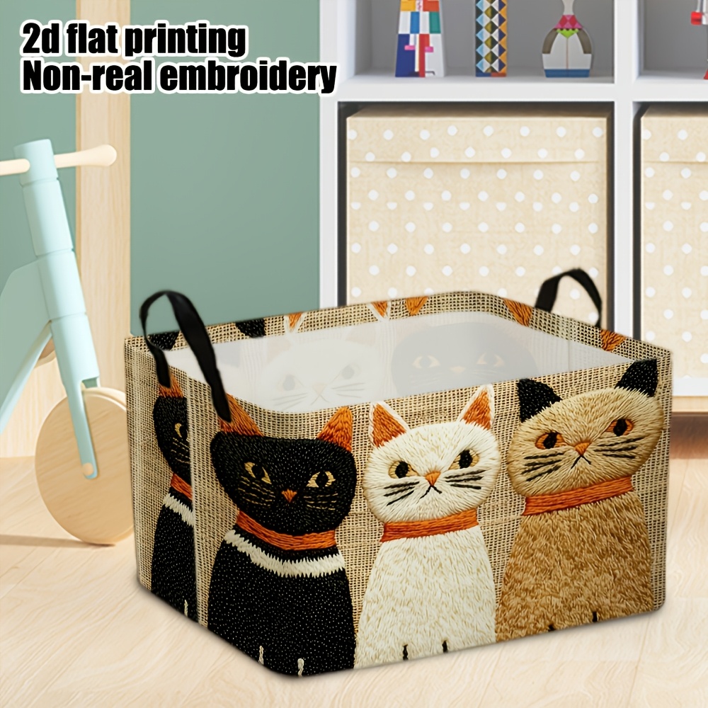 TEMU 1pc Dokriy Non-realistic Embroidery, Laundry Basket, Cat-themed Design. Collapsible Storage Box With An Open Structure And A Durable Handle.