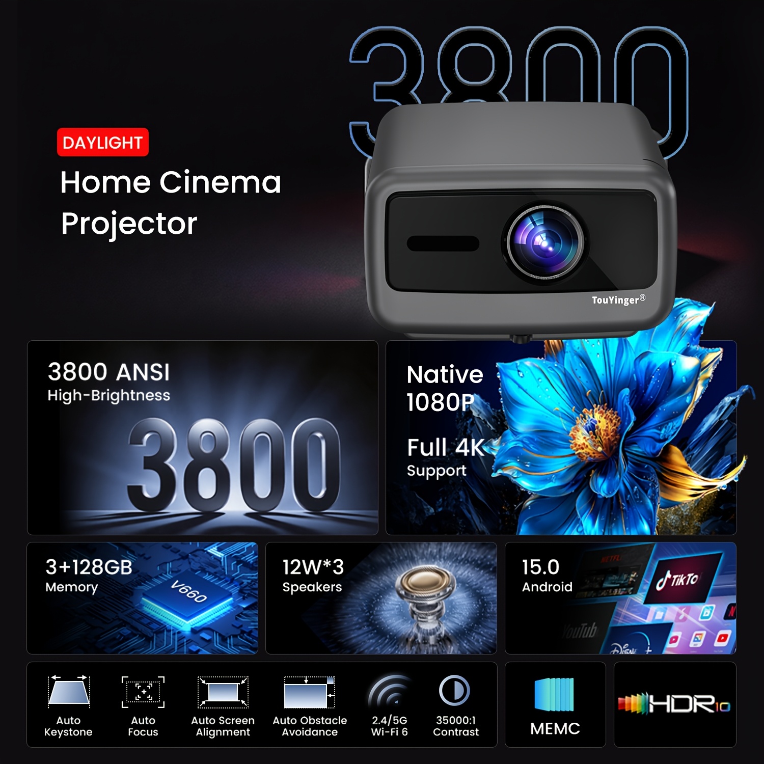 Image of Touyinger Q13w Native 1080p Projector, Brightness Video , 300" Giant Display, Built-in 36w Speakers, Lcd Projector For Living Room
