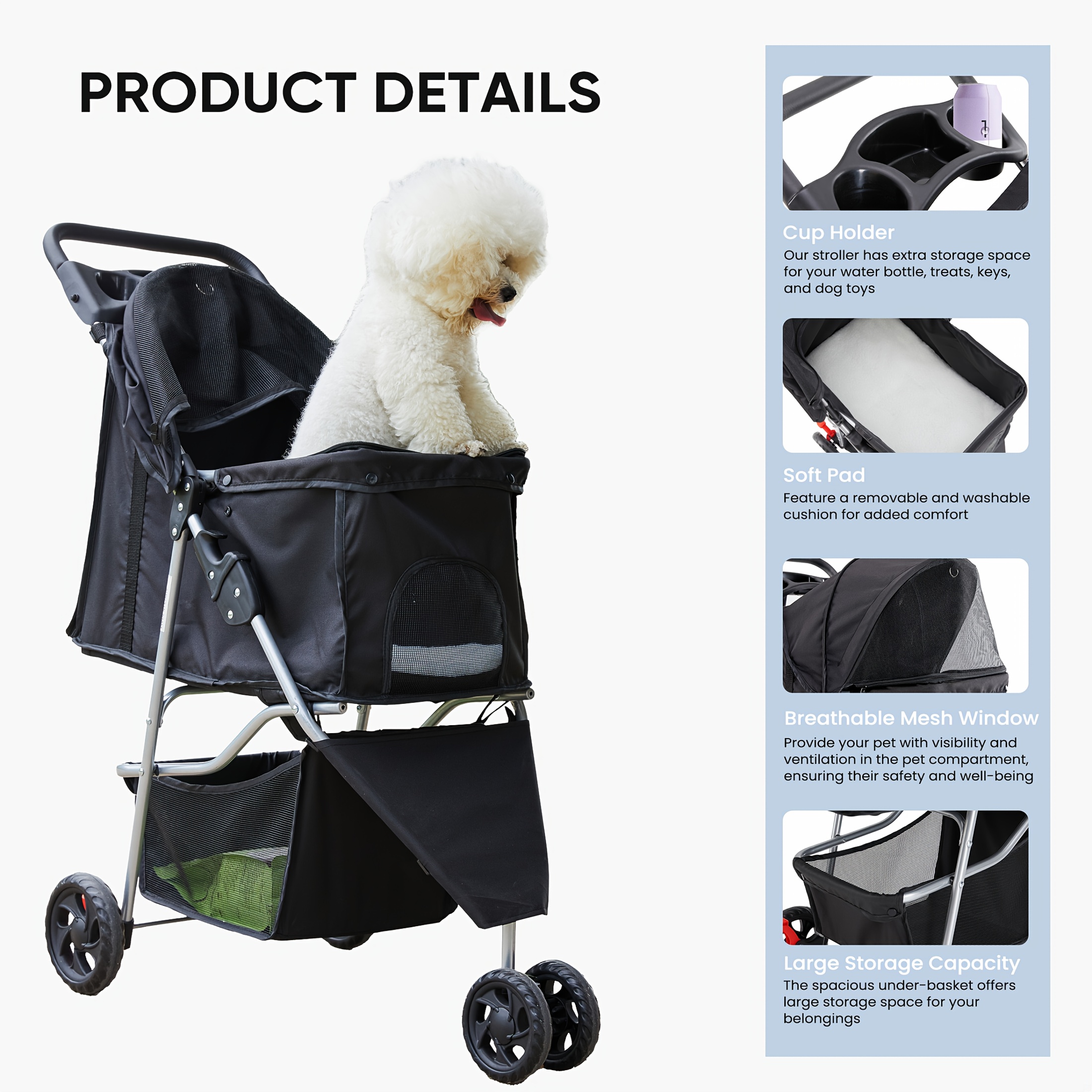 3-i-1 klapvogn til små, mellemstore hunde, katte, let, foldbar transportør, joggingklapvogn med opbevaringskurv, kopholdere, terrængående dæk, egnet til gåture med dyrlæge. Produktdetaljer 1
