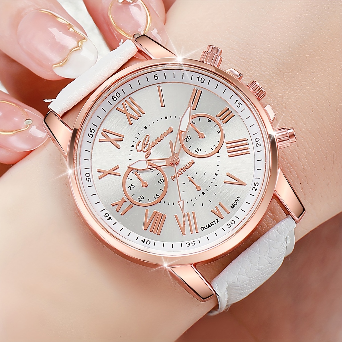 ladys pu leather strap wristwatch with roman numerals and three dials quartz movement zinc alloy case and electronic drive details 0