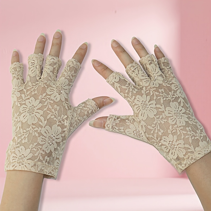 TEMU 【商品名】春夏 レディース 薄手 レース 花柄 メッシュ グローブ 通気性 ハーフフィンガー 見える指 ドライブ タッチスクリーン カバー ブライダルグローブ