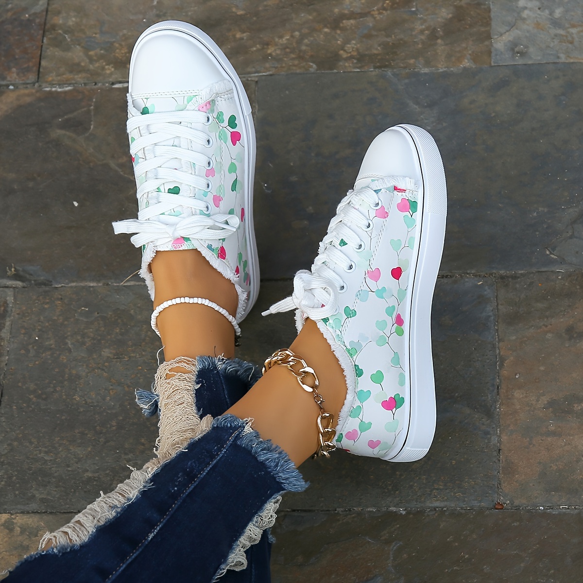 Women'S Plus Size 43 Sneakers White Fabric Lace-Up with Colorful Heart  Pattern Casual Shoes, TPR Sole, Casual Footwear Heart Pattern S