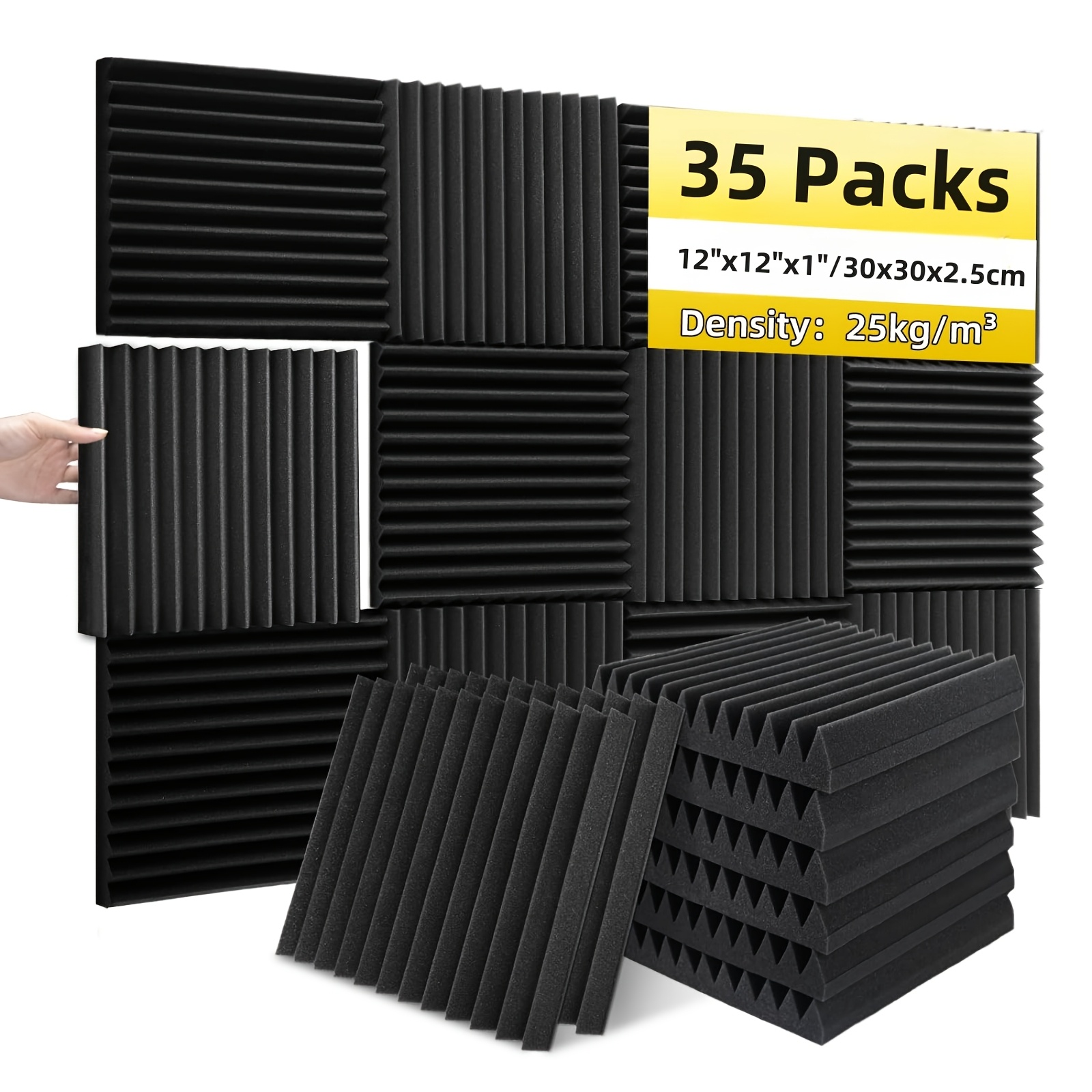 

35pcs Hertber Acoustic Foam Panels, High-density Sound Absorbing Wedge, Black, For Recording Studio, Voice Studio, Home Theater, Office Walls And Ceilings, With Soundproofing Foam