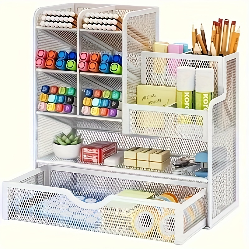 

1pc Organisateur de Bureau Métallique Multiniveaux - Porte-Stylo de Bureau & Étagère de Rangement de Fichiers, Léger, Lavable, Blanc