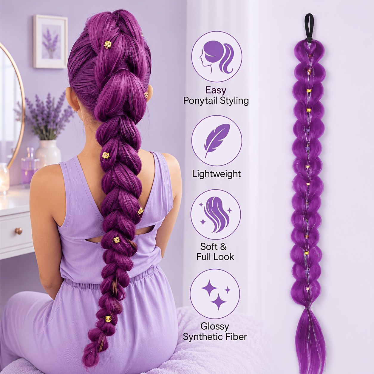 TEMU No Braiding Required! K- 24-inch Purple Bubble Braid Ponytail Wig - Multiple Long Hair Wig Styles Available - Suitable For Women And For Daily,