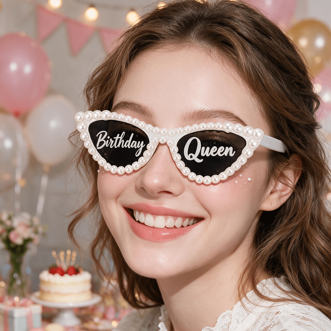 TEMU Lunettes de fête décoratives Reine d'Anniversaire Œil de Chat , Lunettes de costume fantaisie décoratives à perles blanches pour accessoires