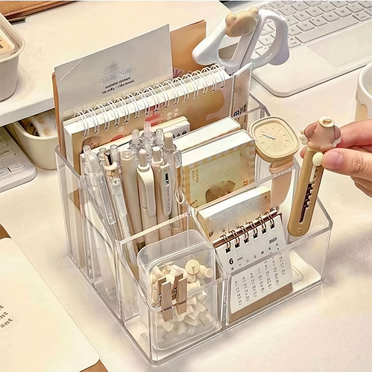 

1pc Clear Acrylic Square Desk Organizer, Multi-compartment Pen Holder, Waterproof Office Supplies Storage Box