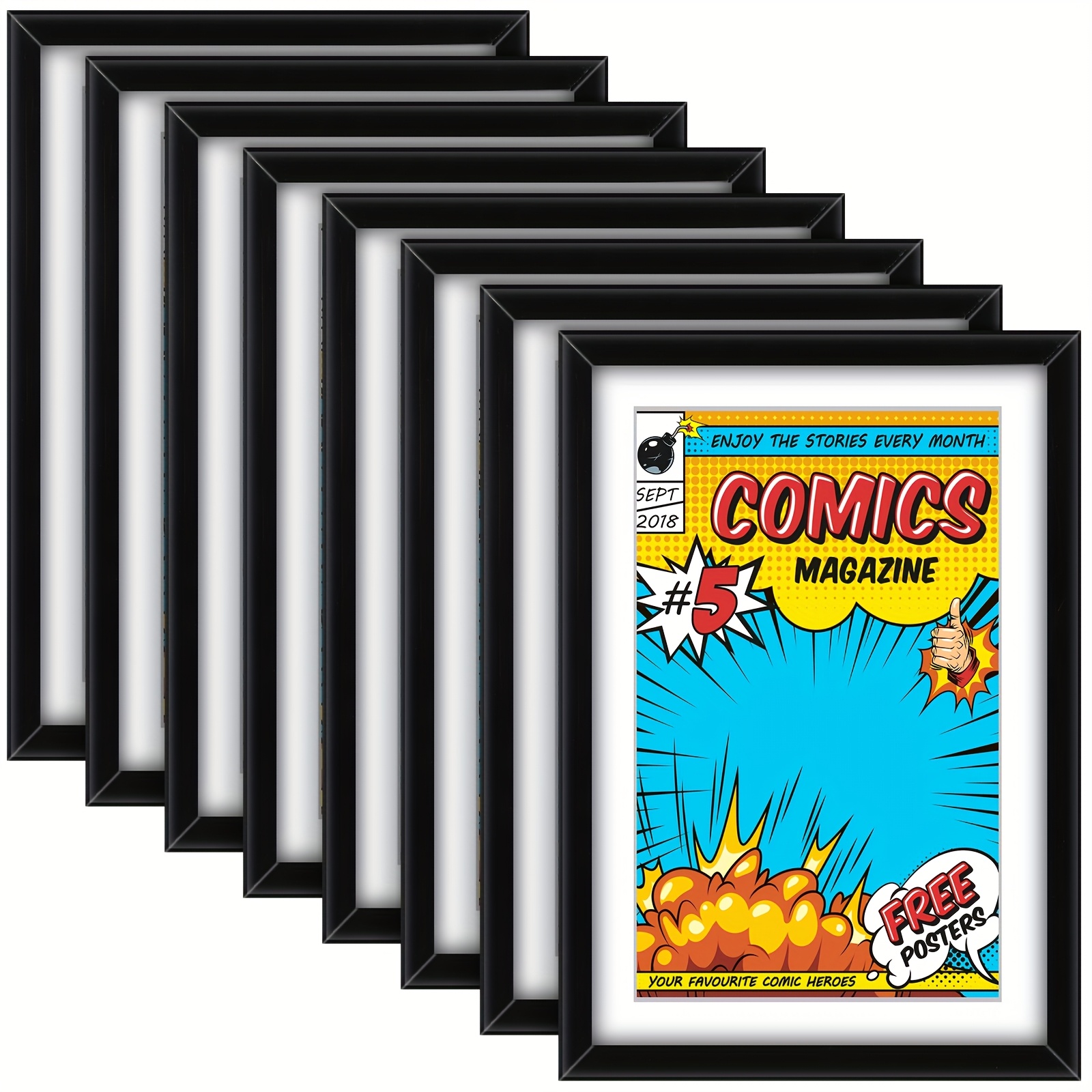 TEMU Roowest 8 Set Of Book Frames, Uv Shielding, Suitable For Comics And Magazines To 6 3/4" X 10 1/4", Displayed On Wall Or Tabletop With Pre-installed Spring Clip Hangers (black With White Mat)