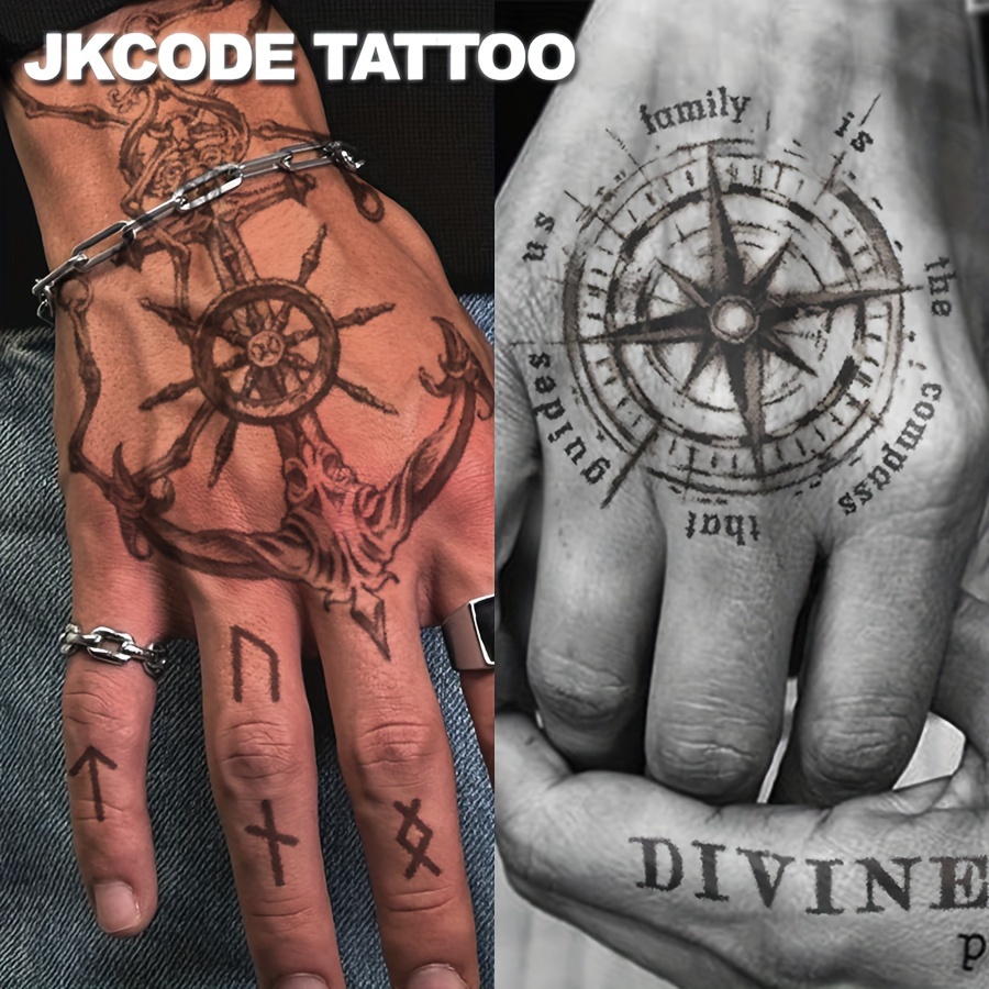 Herbal Tattoo Nautical Theme Sketch Tattoo - English Devine - Compass For Family - Chain Compass Pattern English Sentence - Casual Men's And Women's Hand Neck Head Waterproof 15 Days