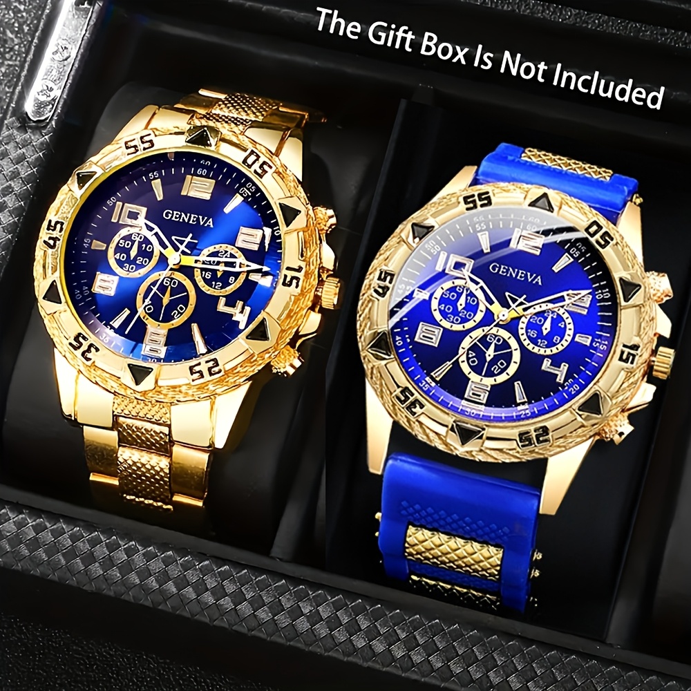 TEMU 2pcs/set Watch Set, Stylish Trendy Men's Watch Combination, Featuring Golden And Blue Wristwatches For A Fashionable Perfect Gift For Male