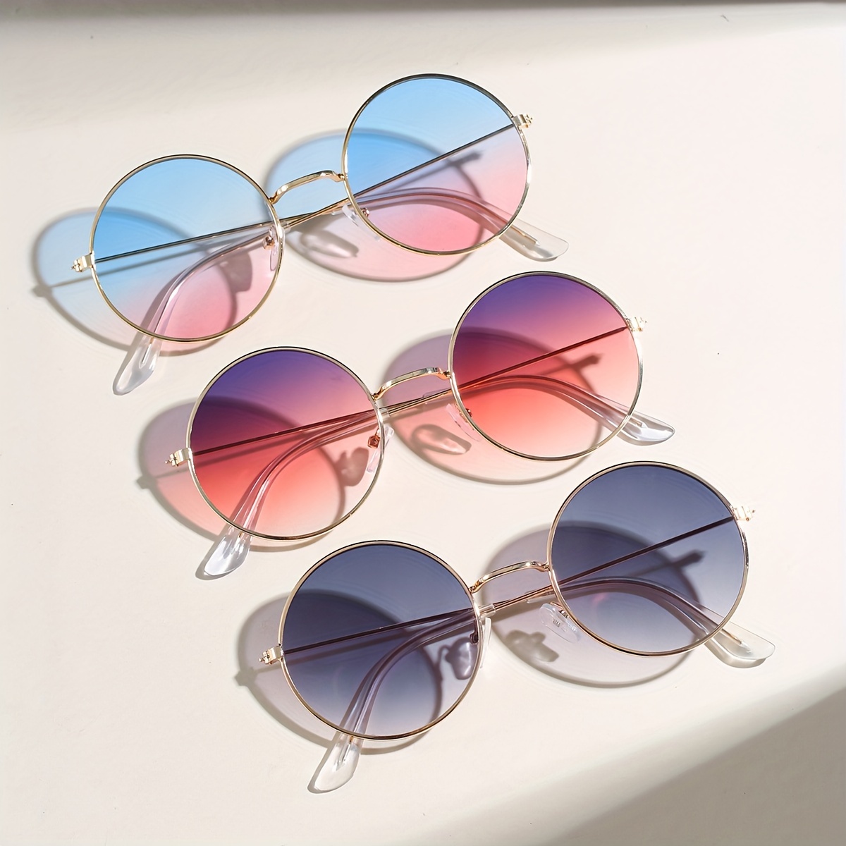 

3pcs Women's And Men's Round Vintage Glasses Metal Frame Fashion Decorative Sun Visors - Gradient Fantasy Ocean Color Series