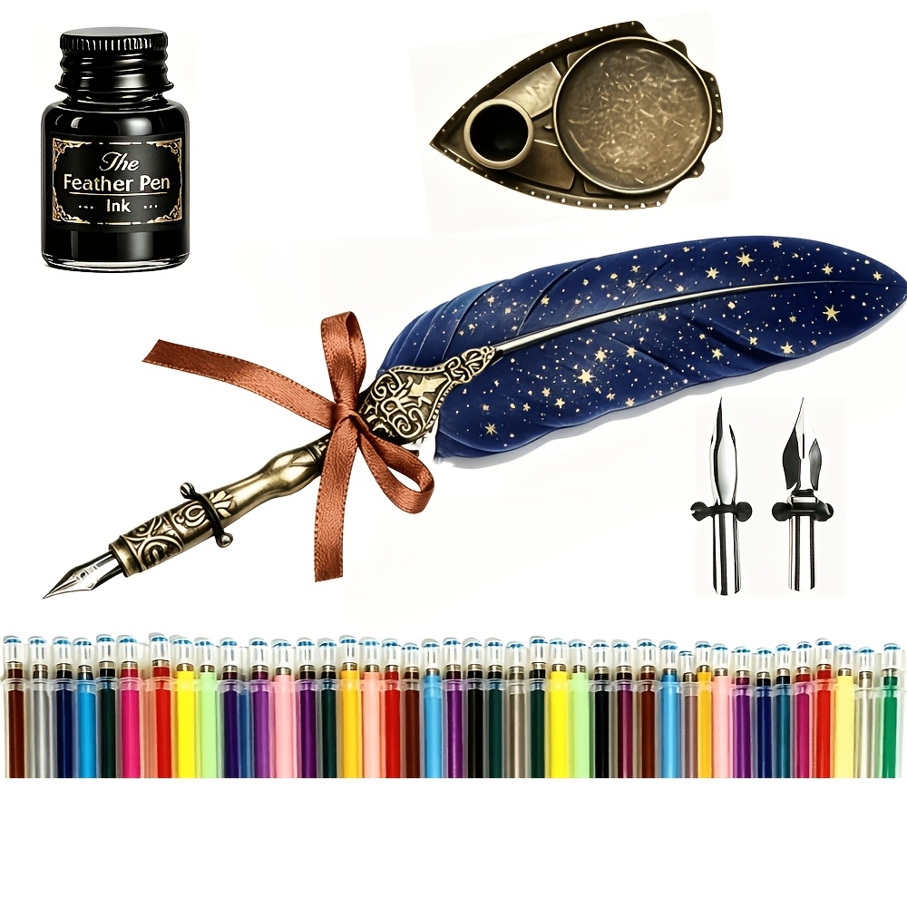 TEMU Gift Box Not Included, Feather Pen And Ink And Pen Tip And Base Set, Painting Pen Glass Water-drawing Pen, Letter Opener, Feather Pen Set,