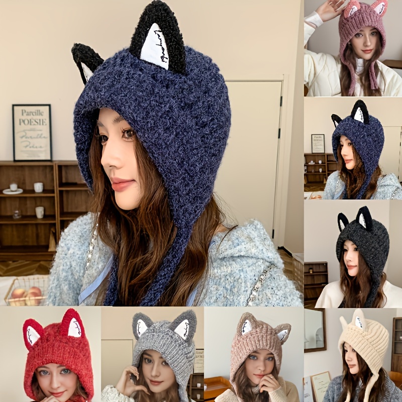 

1pc Cute Cat Ear Knit Beanie Hat, Korean Style, Women's Hat, Nylon Material, Hand Wash Or , , Lightweight, Random Print, For , Biking, , Cartoon Theme