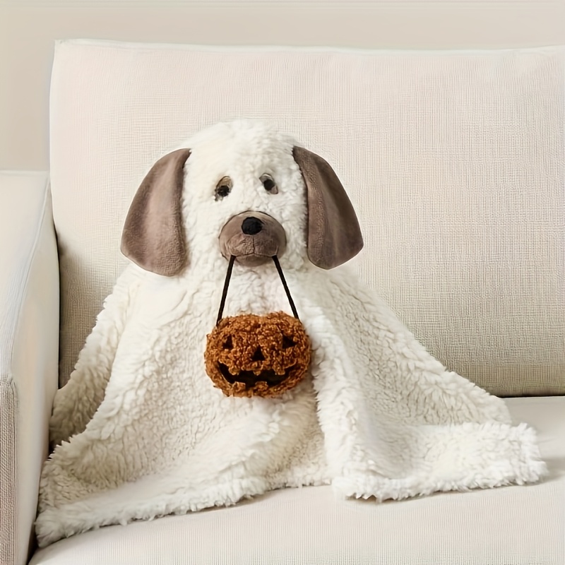 TEMU 1pc Cute Cartoon Dog Halloween Pillow - Soft Fluffy White Striped Decorative Cushion With Pumpkin Bucket, Hand Wash Only, No Batteries Needed For Home Decor & Spooky