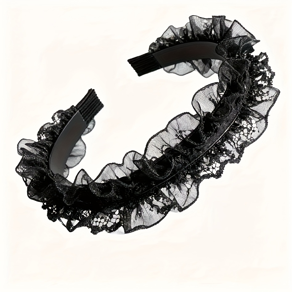 TEMU 1pc Women's Seedling Headband - (with Teeth) Black - Embroidery - Non-slip - Elastic - Lightweight - Storage - Organize - Dress Up - Styling -